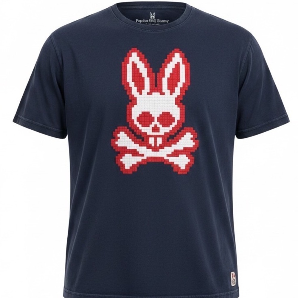 Psycho‎ Bunny Graphic T-Shirt Mens 3XL Navy Pixel Bunny Skull Streetwear Y2K